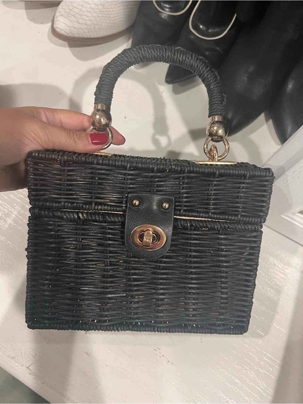 Woven Top-Handle Tote Bag in Black with Gold Hardware - Picture 4 of 5